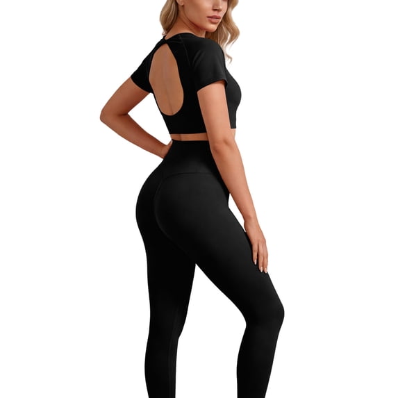 Stamzod Women's Workout Sets 2 Piece Seamless Yoga Leggings and Open Back Tops Gym Outfits Activewear Matching Set Black XXXL