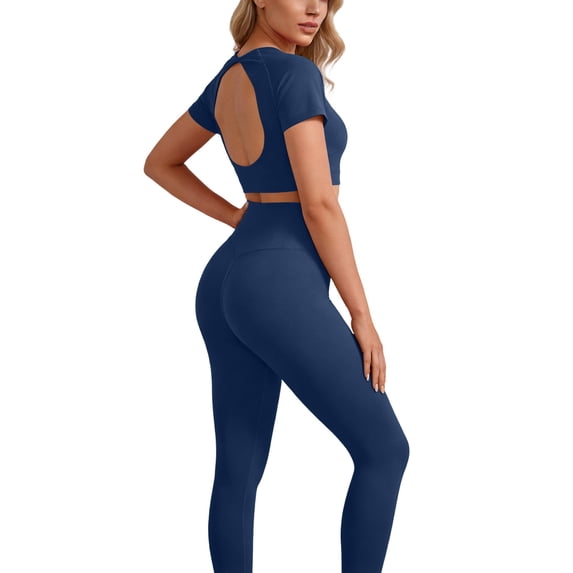 Stamzod Women's Workout Sets 2 Piece Seamless Yoga Leggings and Open Back Tops Gym Outfits Activewear Matching Set Navy S