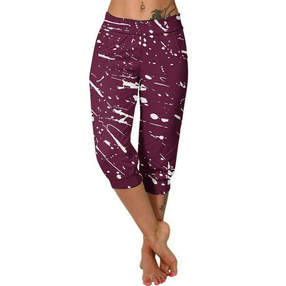 Stamzod Women's Yoga Capri Pants Summer Stretch Waist Printed Capris Casual Loose Outdoor Workout Cropped Pants for Women with Pockets Wine M