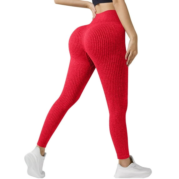 Stamzod Women's Yoga Pants Solid Color High Waisted Ribbed Knit Gym Pants Women Tummy Control Casual Running Workout Leggings Red M