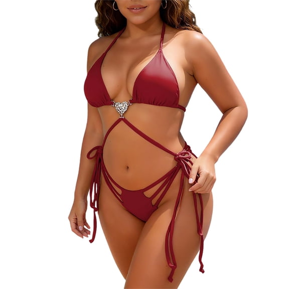 Stamzod Womens 2 Piece String Bikini Halter Crisscross Bathing Suits High Cut Cheeky Bikini Sets for Women Wine XXL