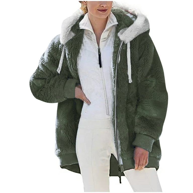 Stamzod Womens 2022 Winter Fuzzy Fleece Jacket Plus Size Winter Warm Loose  Plush Zip Hooded Jacket Coat with Pockets Army Green M 