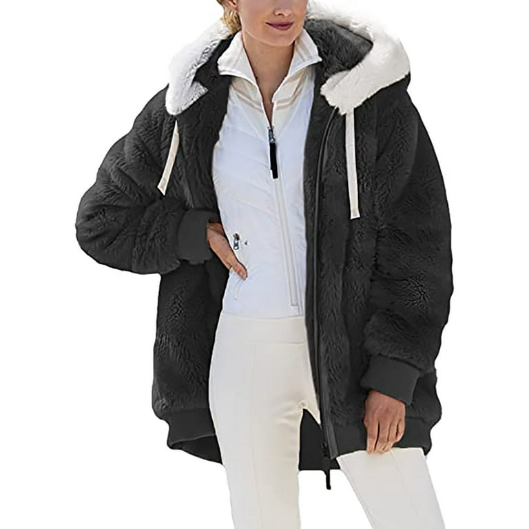 Stamzod Womens 2022 Winter Fuzzy Fleece Jacket Plus Size Winter Warm Loose  Plush Zip Hooded Jacket Coat with Pockets Black 2XL