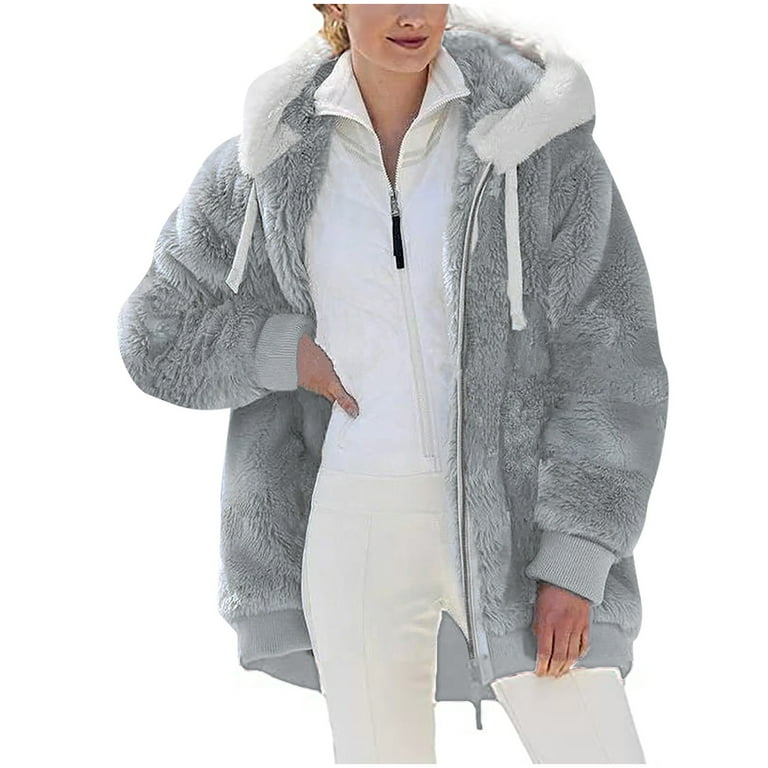 Stamzod Womens 2022 Winter Fuzzy Fleece Jacket Plus Size Winter Warm Loose  Plush Zip Hooded Jacket Coat with Pockets Gray 2XL 