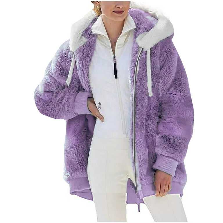 Stamzod Womens 2022 Winter Fuzzy Fleece Jacket Plus Size Winter Warm Loose  Plush Zip Hooded Jacket Coat with Pockets Purple XL
