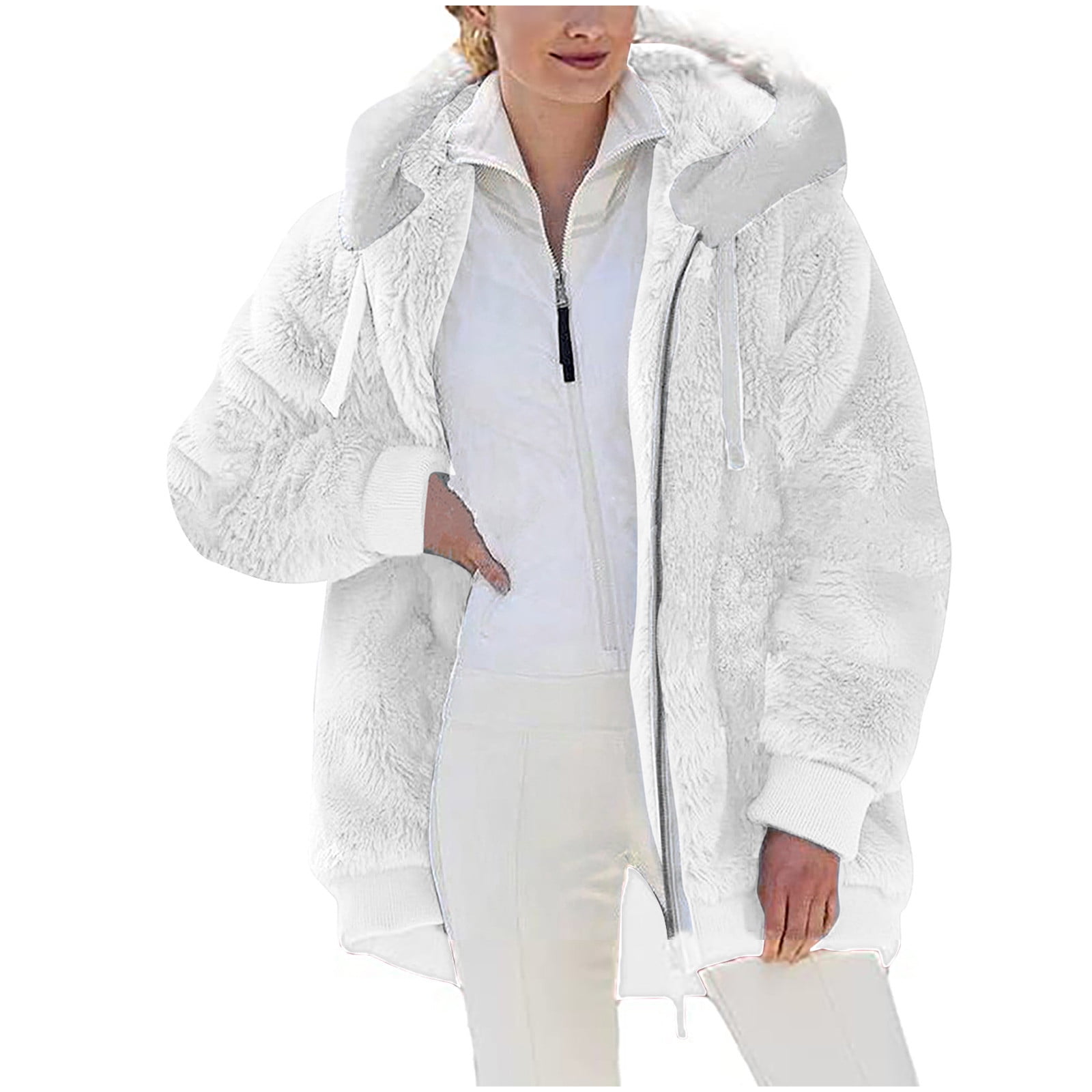 Stamzod Womens 2022 Winter Fuzzy Fleece Jacket Plus Size Winter Warm Loose  Plush Zip Hooded Jacket Coat with Pockets White L 