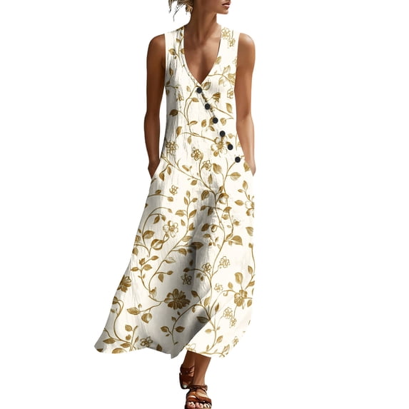 Stamzod Womens 2026 Floral Dress V Neck Sleeveless Flowy Long Dresses Summer Vacation Beach Sundresses Multicolor E XXL