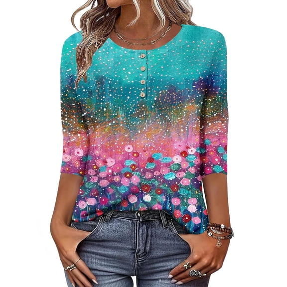 Stamzod Womens 3/4 Sleeve T Shirts Spring & Fall Floral Printed Crewneck Pullover Top Daily Casual Ladies Tops and Blouses Sky Blue B XL