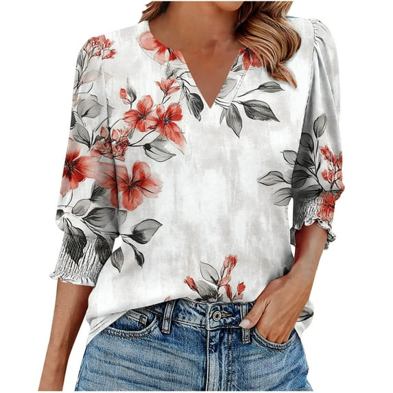 Stamzod Womens 3/4 Sleeve Tops and Blouses Fashion Floral Printed V Neck Pullover Top Daily Casual Loose Summer Tunic Tops for Women White L