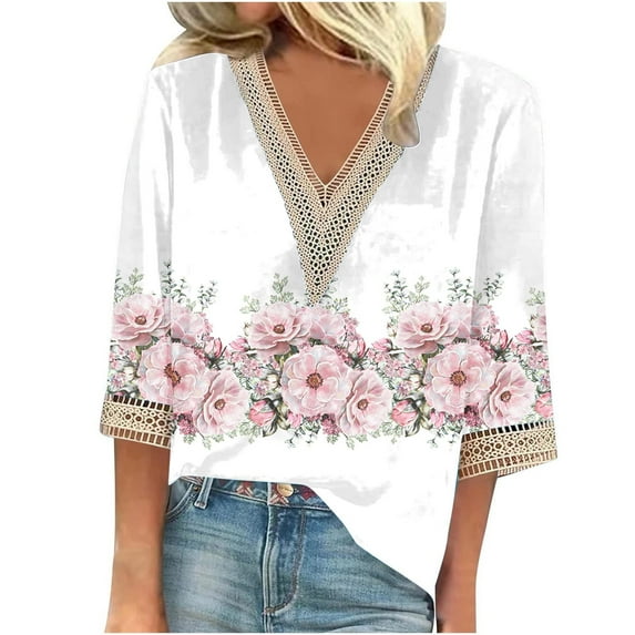 Stamzod Womens 3/4 Sleeve Tops and Blouses Fashion Floral Printed V Neck Beach Vacation Blouses Casual Loose Summer Plus Size Womens Clothing White D XXL