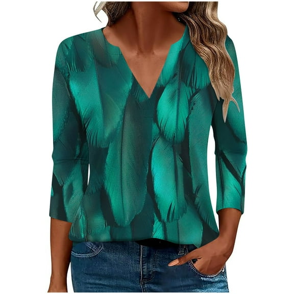 Stamzod Womens 3/4 Sleeve Tops Fashion Vintage Printed V Neck Lightweight Tops & Blouses Spring & Fall Casul Loose Plus Size Tops for Women Green XXXL