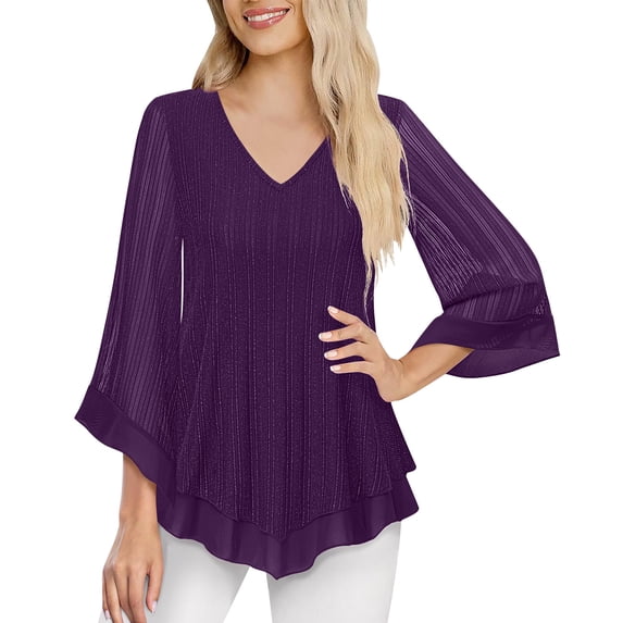 Stamzod Womens 3/4 Sleeve Tops V-Neck Sparkly Ruffle Mesh Pullover Top Wedding Elegant Blouses for Women Dressy Casual Party Shirts Purple-1 L