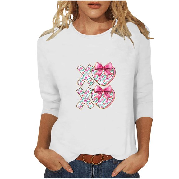 Stamzod Womens 3/4 Sleeve Tops Valentines Cute Lover Heart Graphic Tees Loose Casual Blouses for Women White C M