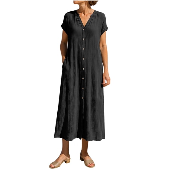 Stamzod Womens Beach Vacation Clothes Summer Solid Color V Neck Shirt Dress Cotton Linen Plus Size Casual Dresses Women's Clothing Black B M