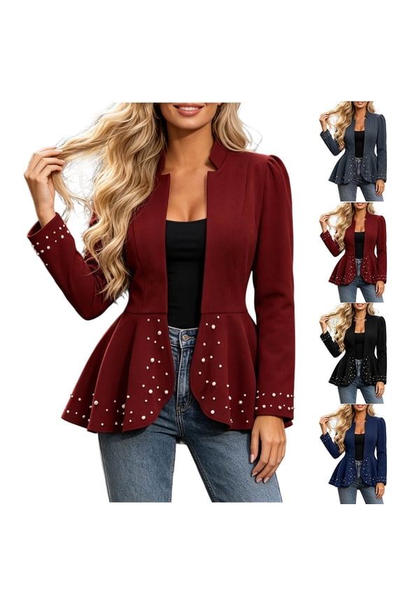 Womens Blazer Fashion Stand Collar Open Front Fitted Blazers Long Sleeve Elegant Flare Suit Jackets for Women Blue XXXXL