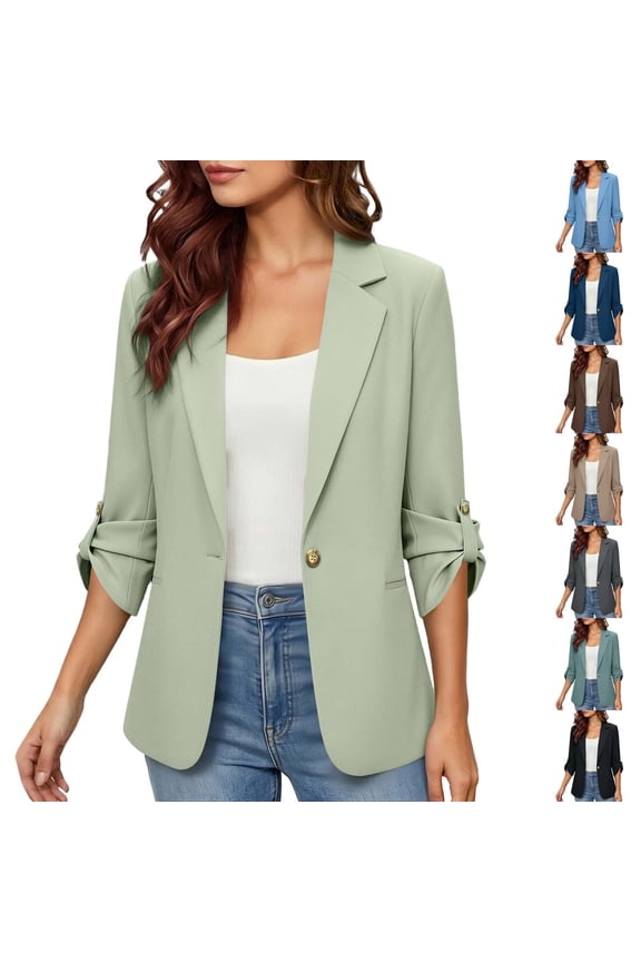 Womens Blazers Dressy Casual 3/4 Roll-Up Sleeve Work Office Blazer Slim Fit Open Front Button Suit Jackets Mint Green S