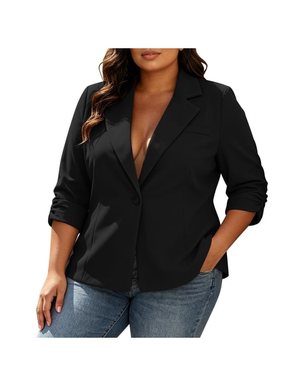 Womens Blazers Dressy Casual Pleated 3/4 Sleeve Suit Jackets Business Office Jacket Plus Size Womens Clothing Black B XXL