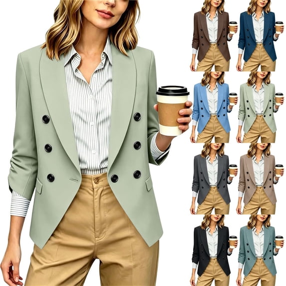 Stamzod Womens Blazers for Work Casual 3/4 Sleeve Double Breasted Suit Jacket Business Office Open Front Blazer with Pockets Brown XL