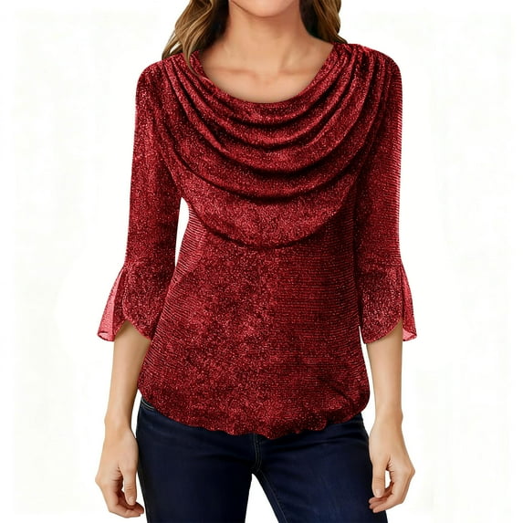 Stamzod Womens Blouses Cowl Neck Sparkly Evening Party Shirts Mesh Elegant Ruffle Tops for Women Trendy Wine-5 L