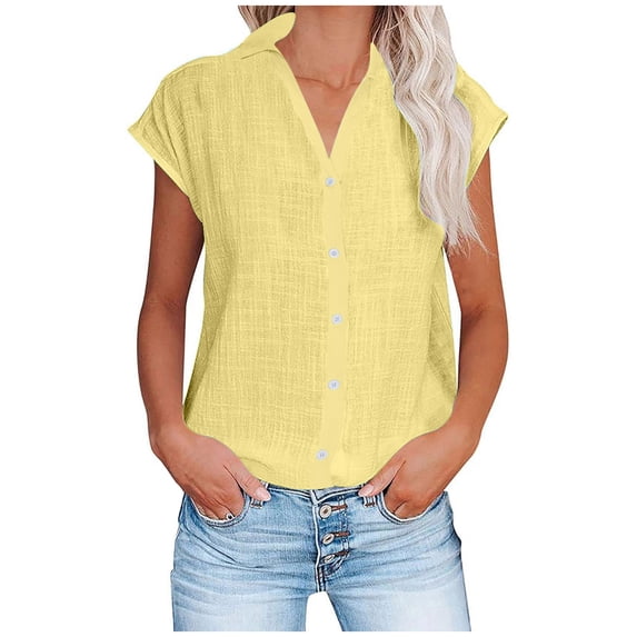 Stamzod Womens Blouses Dressy Casual Loose Button Down Shirt Summer Solid Color Cap Sleeve Tops Vacation Beach Shirts for Women Trendy Yellow M