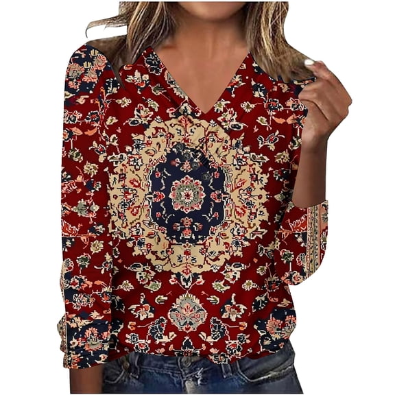 Stamzod Womens Blouses Dressy Casual Vintage Long Sleeve Boho Tops for Women Fall Clothes Wine XXL