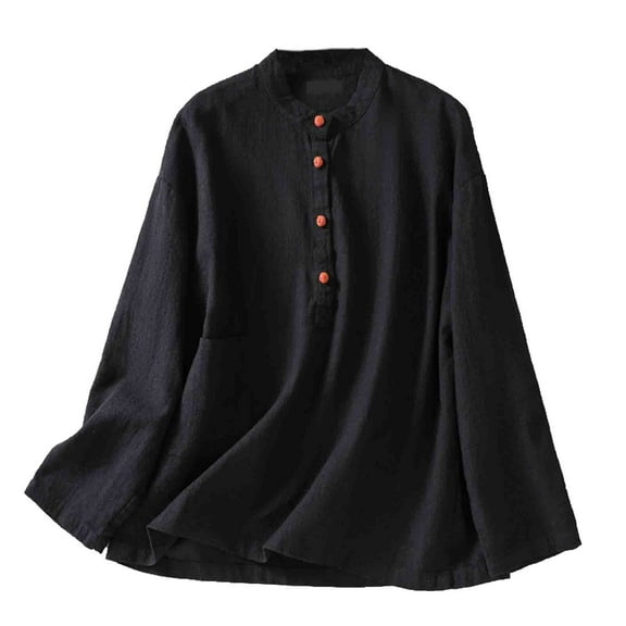 Stamzod Womens Blouses Dressy Casual Vintage Solid Color Crewneck Top Summer Casual Long Sleeve Tops for Women Trendy Black M