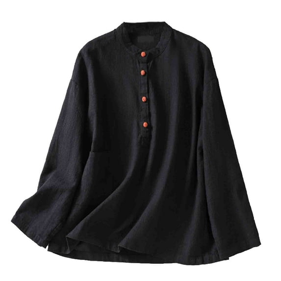Stamzod Womens Blouses Dressy Casual Vintage Solid Color Crewneck Top Summer Casual Long Sleeve Tops for Women Trendy Black XL