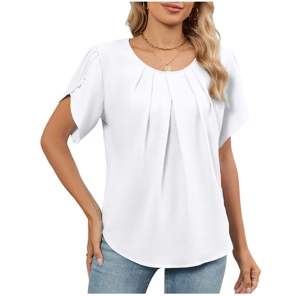 Stamzod Womens Blouses Solid Color Crewneck Ruched Short Sleeve Summer Tops Lightweight Dressy Casual Shirts for Women 2026 White XL