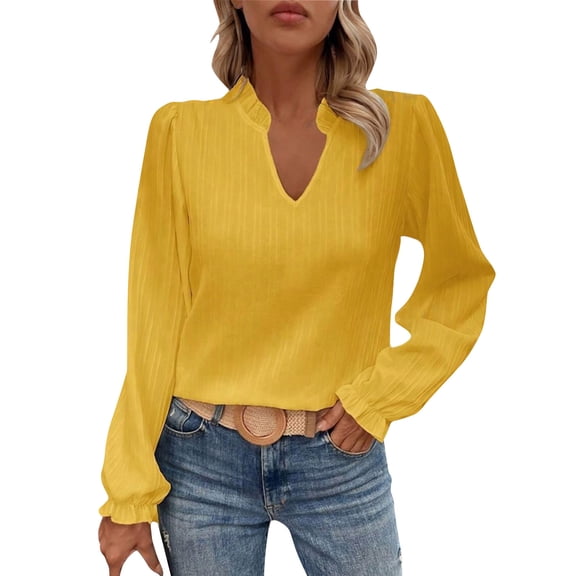Stamzod Womens Blouses Spring Summer Solid Color Ruffle V-Neck Tops Dressy Casual Puff Long Sleeve Shirts for Women Yellow M