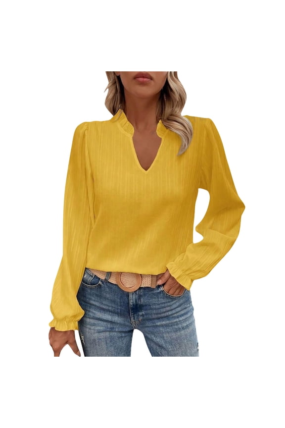 Womens Blouses Spring Summer Solid Color Ruffle V-Neck Tops Dressy Casual Puff Long Sleeve Shirts for Women Yellow XXL