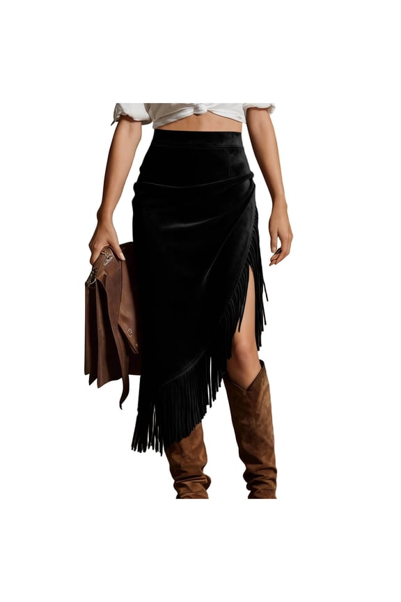Womens Boho Fringe Faux Suede Skirts 2026 Trendy Casual Slit High Waist Western Cowgirl Long Skirt Black M