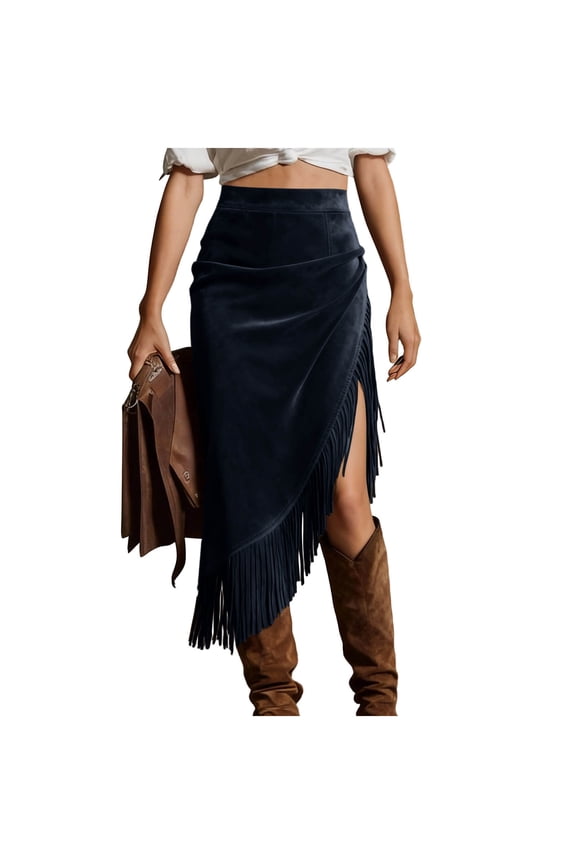 Womens Boho Fringe Faux Suede Skirts 2026 Trendy Casual Slit High Waist Western Cowgirl Long Skirt Navy XL