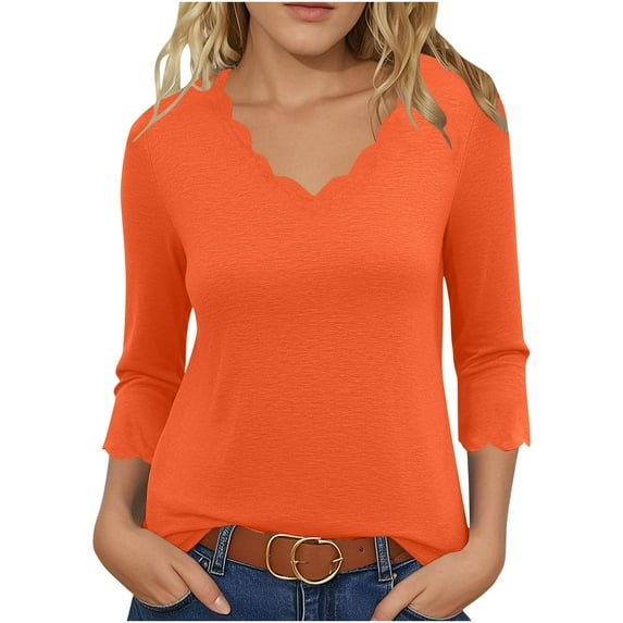 Stamzod Womens Business Casual Tops Solid Color V Neck Work Blouses Spring Three Quarter Sleeve Tops Woman Oversized Tee Shirts Orange XXXL