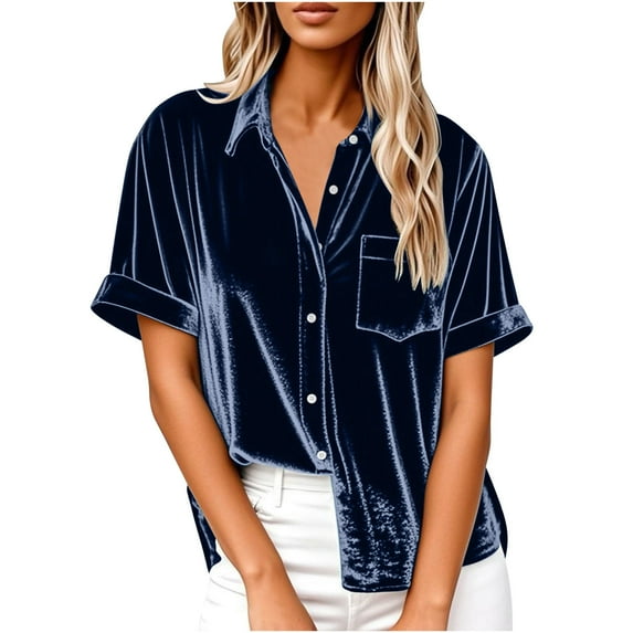 Stamzod Womens Button Down Shirt with Pocket Fashion Solid Color Long Sleeve Velour Tops Summer Casual Lightweight Tops & Blouses Navy M