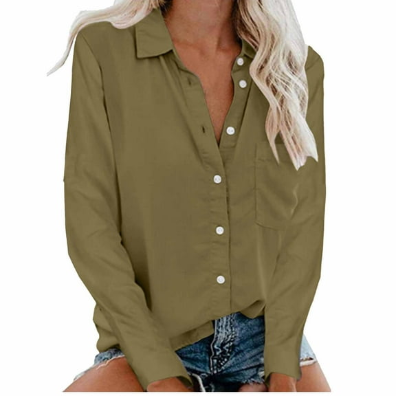 Stamzod Womens Button Down Shirt Summer Solid Color Turndown Long Sleeve Blouses Loungewear Casual Loose Cotton and Linen Tops for Women Trendy Army Green XXL
