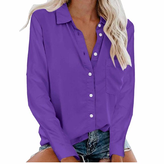 Stamzod Womens Button Down Shirt Summer Solid Color Turndown Long Sleeve Blouses Loungewear Casual Loose Cotton and Linen Tops for Women Trendy Purple B L