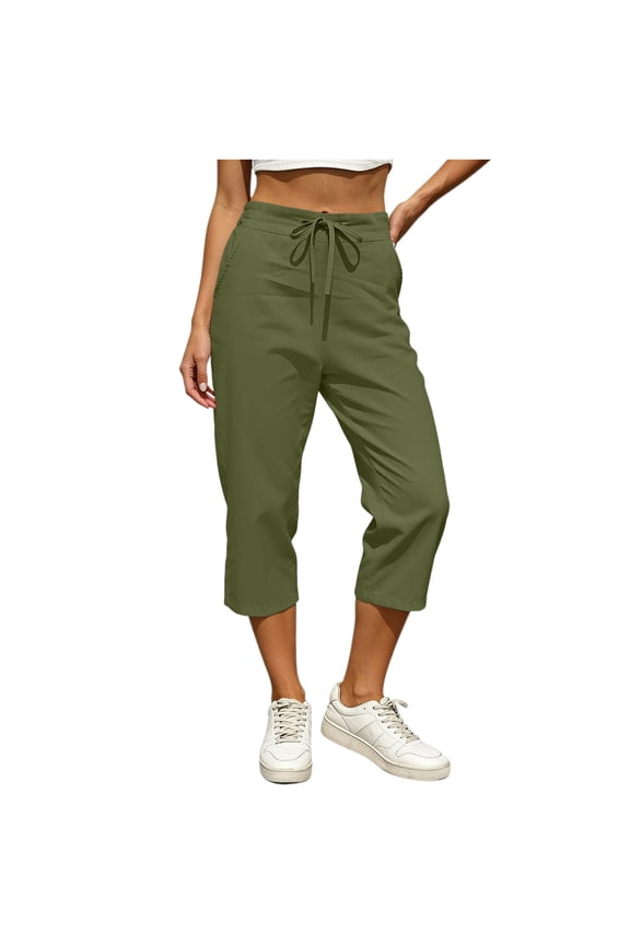 Womens Capri Pants Cotton Linen Casual Straight Leg Crop Pants 2026 Summer Capris Army Green XXL