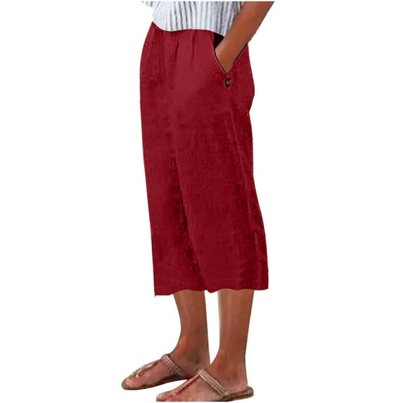 Stamzod Womens Capri Pants Fashion Solid Color Summer Stretch Waist Straight Wide Leg Cropped Pants Daily Casual Loose Plus Size Capris for Women with Pocket Red XL
