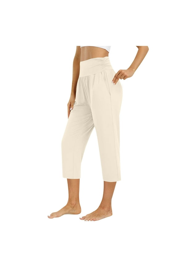 Womens Capri Pants with Pocket Summer Loose Yoga Straight Crop Pants Solid Casual Plus Size Capris for Women Beige M