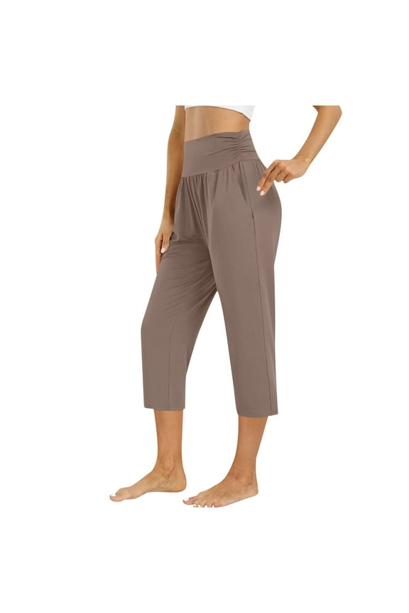 Womens Capri Pants with Pocket Summer Loose Yoga Straight Crop Pants Solid Casual Plus Size Capris for Women Coffee XXL