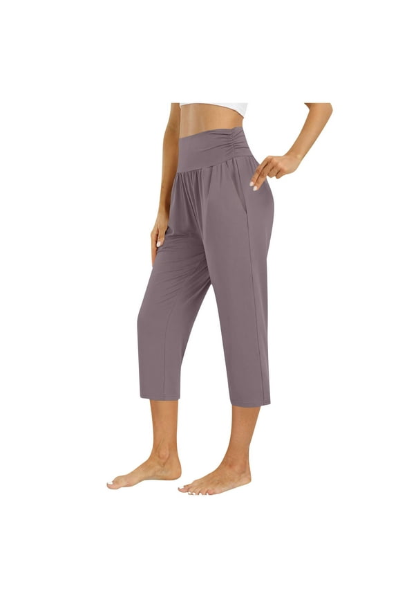 Womens Capri Pants with Pocket Summer Loose Yoga Straight Crop Pants Solid Casual Plus Size Capris for Women Rose Gold S