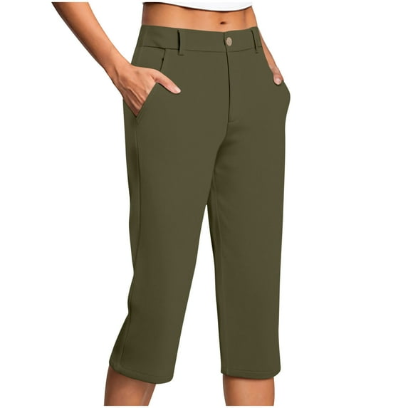 Stamzod Womens Capri Pants with Pockets Fashion Solid Color Summer Slim Fit Stretch Straight Capris Casual Work Cropped Pants for Women Army Green L