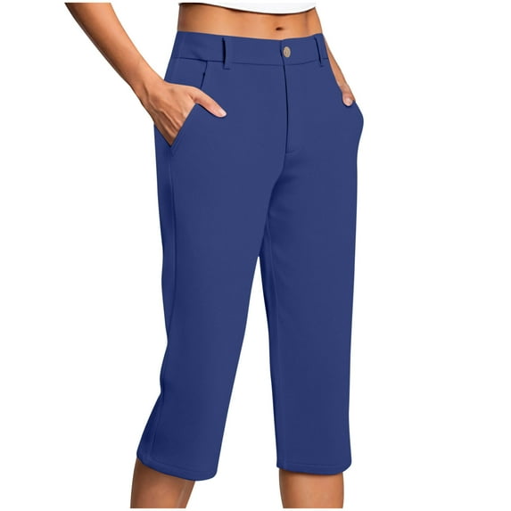 Stamzod Womens Capri Pants with Pockets Fashion Solid Color Summer Slim Fit Stretch Straight Capris Casual Work Cropped Pants for Women Dark Blue S