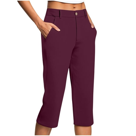 Stamzod Womens Capri Pants with Pockets Fashion Solid Color Summer Slim Fit Stretch Straight Capris Casual Work Cropped Pants for Women Wine S