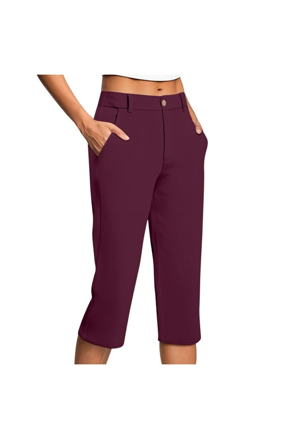 Womens Capri Pants with Pockets Fashion Solid Color Summer Slim Fit Stretch Straight Capris Casual Work Cropped Pants for Women Wine S