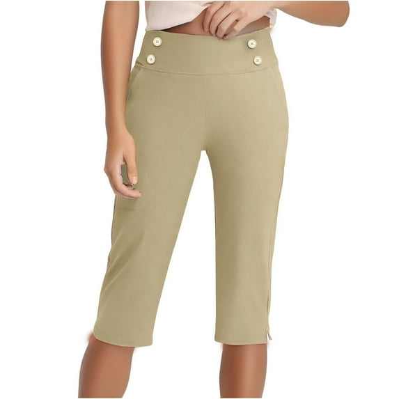 Stamzod Womens Capris for Summer Fashion Solid Color Elastic Waist Straight Yoga Capri Pants Casual Slim Fit Stretch Plus Size Capris with Pocket Beige C XXXXXL