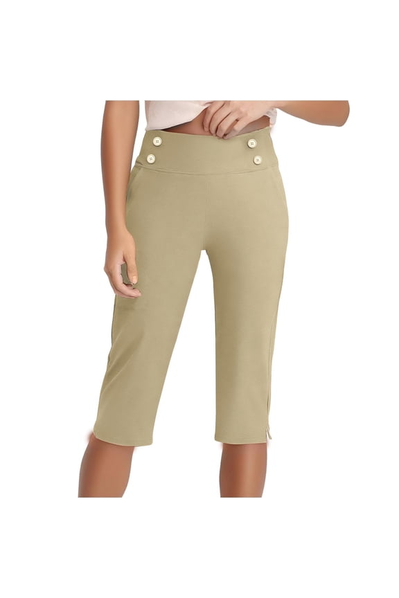 Womens Capris for Summer Fashion Solid Color Elastic Waist Straight Yoga Capri Pants Casual Slim Fit Stretch Plus Size Capris with Pocket Beige C XXXXXL