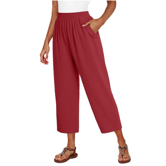 Stamzod Womens Capris Summer Cotton Linen Straight Leg Capri Pants Casual Beach Travel Cropped Pants with Pocket Red XX-Large