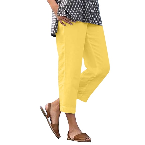Stamzod Womens Capris with Pockets Loose Fit Casual Capri Pants Summer Cropped Pants Beach Vacation Clothes Yellow L