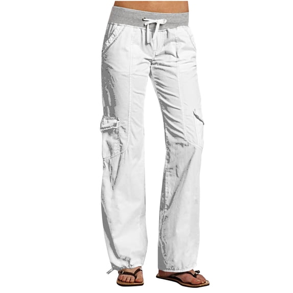 Stamzod Womens Cargo Pants Fashion Patchwork Summer Stretch Waist Drawstring Sweatpants Casual Loose Straight Leg Workout Pants for Women on Clearance White M